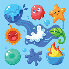 Water Splash Elements Collection – Cute Cartoon Vector Icon Illustration, Nature Object Concept Isolated Flat
