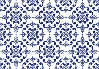 Moroccan Seamless Pattern.Seamless floral tile pattern in Mediterranean style with navy blue elements. Damask.Geometric ornamental light background.  Portuguese, dutch azulejo tile pattern floral.