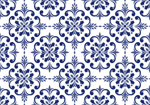 Moroccan Seamless Pattern.Seamless floral tile pattern in Mediterranean style with navy blue elements. Damask.Geometric ornamental light background.  Portuguese, dutch azulejo tile pattern floral.