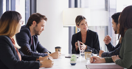 Woman, group and meeting with planning in office with agenda, happy and strategy for collaboration. People, discussion and listen for solution, review and team with feedback at insurance agency