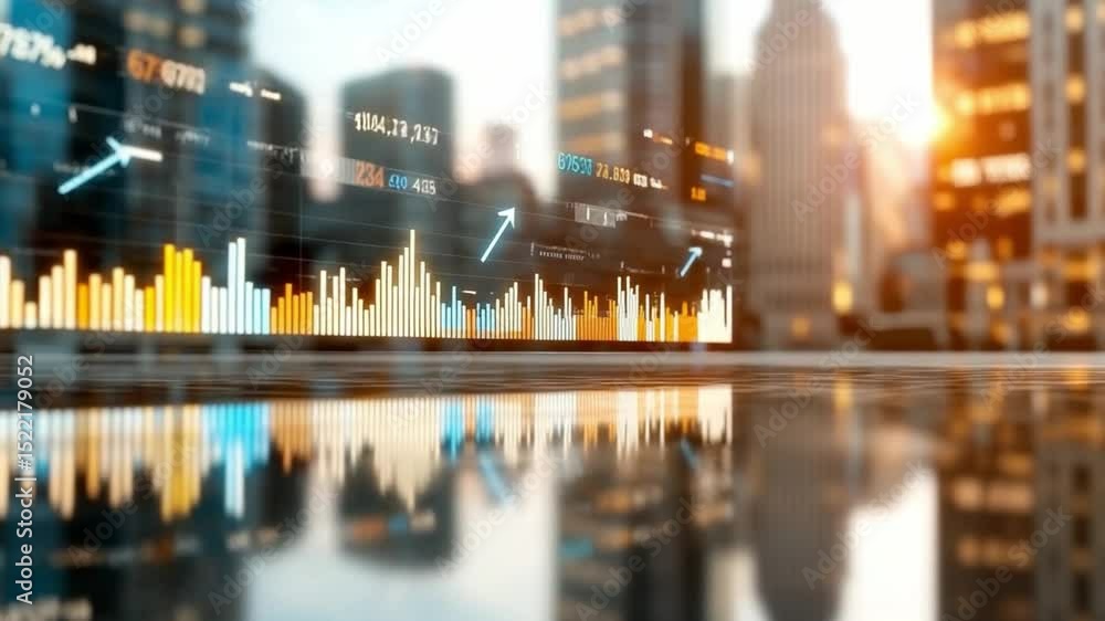 Poster Market Dynamics in the Metropolis: A dynamic representation of financial data overlaid on a modern cityscape, with data streams and the reflection in foreground of the urban landscape.