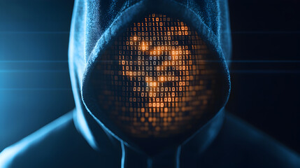 A hooded figure with a digital, binary code face, symbolizing cybercrime or hacking in a high-tech environment.