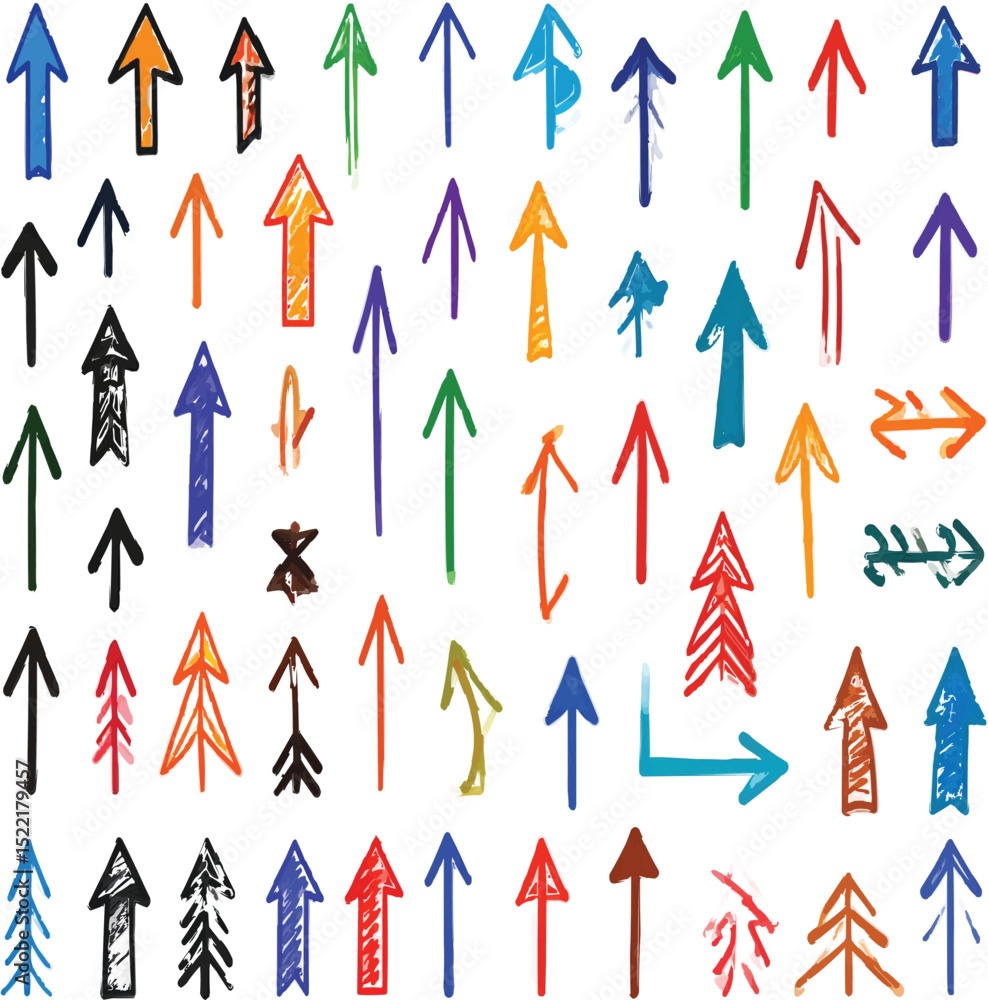 Poster assorted colorful hand drawn arrows pointing upwards on transparent background