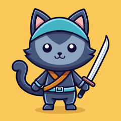 Cute Cat Ninja with Sword &ndash; Flat Cartoon Vector Icon Illustration of Animal Holiday Character Concept Isolated

