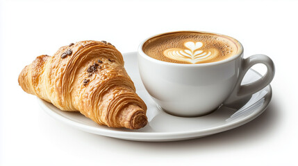 Coffee and croissant served on a white plate for a fresh morning breakfast in a cozy cafe setting