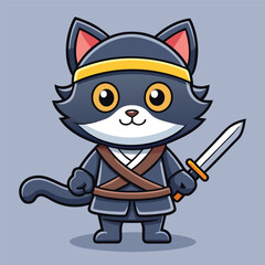 Cute Cat Ninja with Sword – Flat Cartoon Vector Icon Illustration of Animal Holiday Character Concept Isolated
