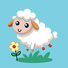 Cute Sheep Falling in Love with Flower – Flat Cartoon Vector Icon Illustration of Animal and Nature Concept Isolated
