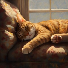 A cozy orange cat peacefully sleeping by a sunlit window. feline mischief concept