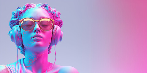 Colorful Statue Wearing Headphones in a Futuristic Art Style