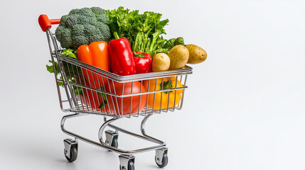 Shopping cart filled with fresh vegetables and fruits on white background for healthy organic grocery shopping