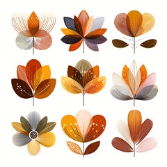 Fototapeta premium Nine Abstract Autumnal Floral Designs in Warm Oranges and Browns