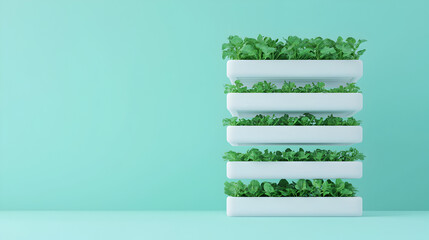 Modern vertical garden with lush green plants in stacked white planters against a pastel teal background.
