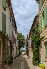 Fototapeta premium Picturesque narrow street in La Roquette, Arles, France, adorned with colorful shutters and climbing plants. Idyllic Mediterranean summer ambiance.