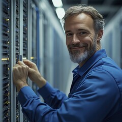 Smiling IT Professional Working on Servers in a Data Center Environment