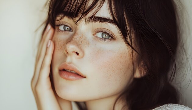 Close-up of a young woman with light skin and freckles.