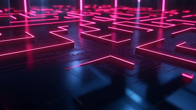 Futuristic neon maze glowing with vibrant pink light and circuit patterns creating a captivating high tech background perfect for modern digital concepts and innovative design