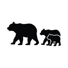 Fototapeta premium Silhouette of mother bear walking with cub, black animal icon isolated on white background symbolizing wildlife and family 
