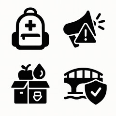 Emergency and Safety Icons Set with Medical Backpack, Warning Megaphone, Food Donation Box, and Shielded Bridge in Bold Black Style