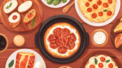 A delicious assortment of pizzas, bread, and fresh ingredients is arranged on a wooden table, ready for a meal.