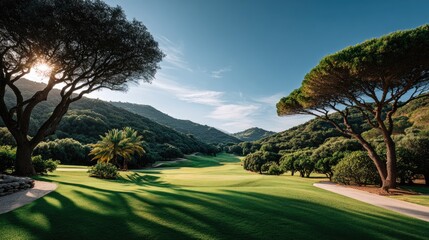 Scenic landscape of green fields and trees under blue sky