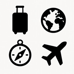 Travel and Exploration Icons Set with Suitcase, Globe, Compass, and Airplane in Solid Black Style