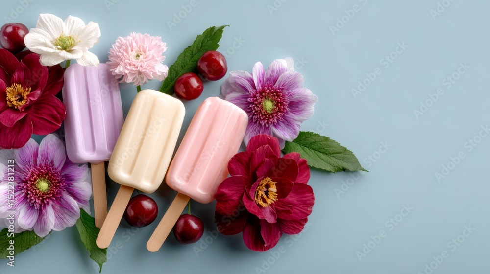 Poster three popsicles with different colors and a bunch of flowers and cherries. the popsicles are arrange