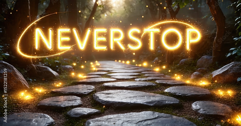 Poster forest path leads toward bright light. glowing text reads neverstop. magical atmosphere, inviting jo