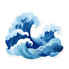 Stunning Watercolor Ocean Waves Sticker Design Dynamic Blue Hues and Textured Details Create a Captivating Maritime Scene