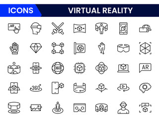 Immersive vector web line icons showcasing virtual reality, headsets, digital worlds, interactive experiences, and cutting-edge VR technology.