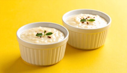 Creamy Rice Pudding in White Bowls on Yellow Background