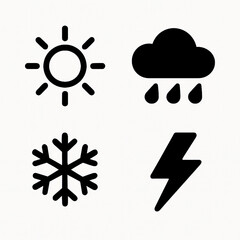 Weather Icons Set with Sun, Rain Cloud, Snowflake, and Lightning Bolt in Solid Black Style