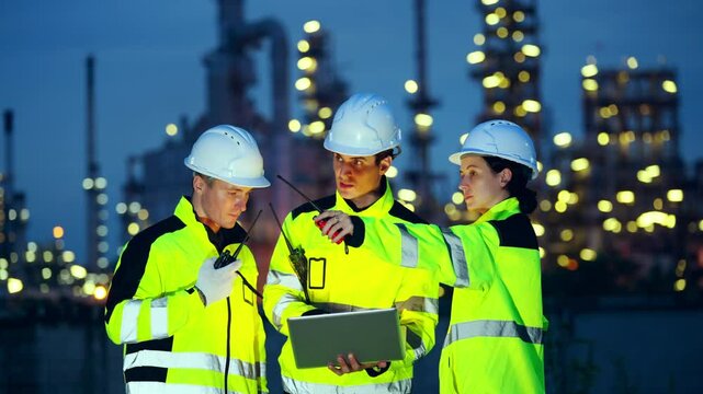 Petrochemical industry engineer teamwork working on laptop computer inspection petroleum oil refinery plant construction site at night. Engineering technician maintaining energy power gas system.