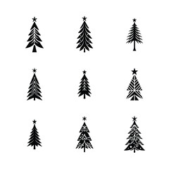 Nine Different Black Christmas Tree Silhouettes on White