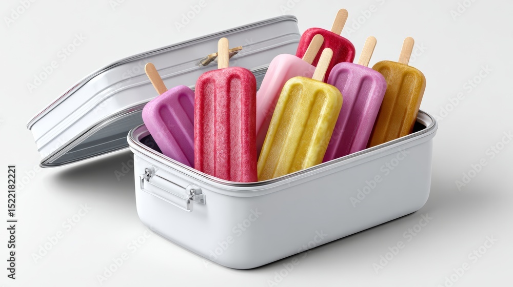 Poster white container with a lid and a bunch of colorful ice cream sticks. the ice cream sticks are in dif