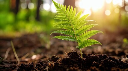 Close-up of a vibrant green fern sprout emerging from fertile dark soil in a sun-dappled forest environment promoting growth and nature.