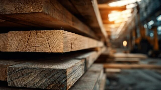 Close-Up of Wooden Planks Stacked in a Warehouse with Warm Light Haunting the Background Environment