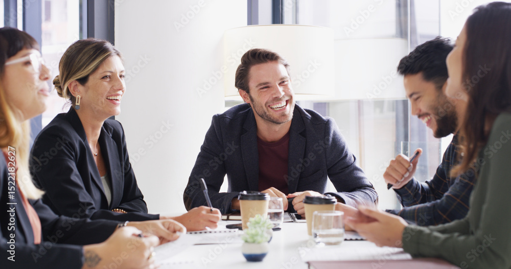 Poster Man, group and meeting with discussion in office with notes, planning or strategy at media company. People, journalist and editor with problem solving, happy and team with feedback at startup agency