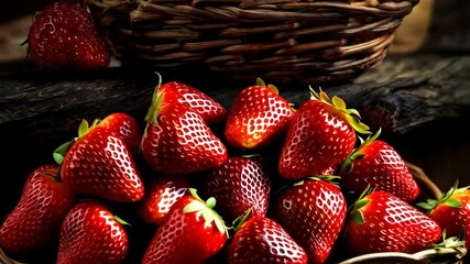 Basket overflowing with vibrant red strawberries on rustic dark wood surface, illuminated by soft light, showcasing texture and color. - Powered by Adobe