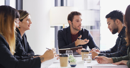 Meeting, planning and business man in office for audit, discussion and budget report. Account...