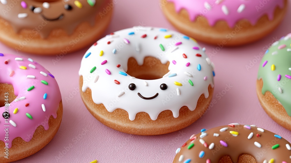 Poster row of donuts with sprinkles and a smiling face on one. the donuts are arranged in a row on a pink b