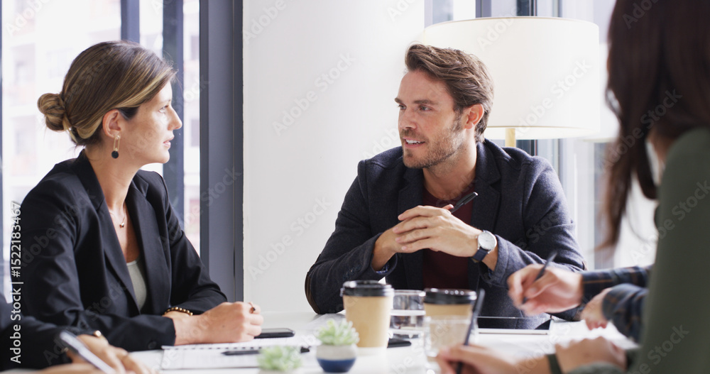 Poster man, group and meeting with talking in office with agenda, happy and strategy at media company. peop