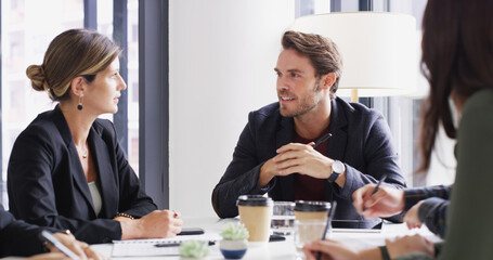 Man, group and meeting with talking in office with agenda, happy and strategy at media company. People, journalist and editor with problem solving, review and team with feedback for project at agency