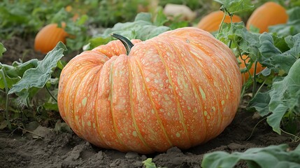 Fototapeta premium Large Striped Pumpkin Growing in a Field with Leaves, Soil, and Other Pumpkins