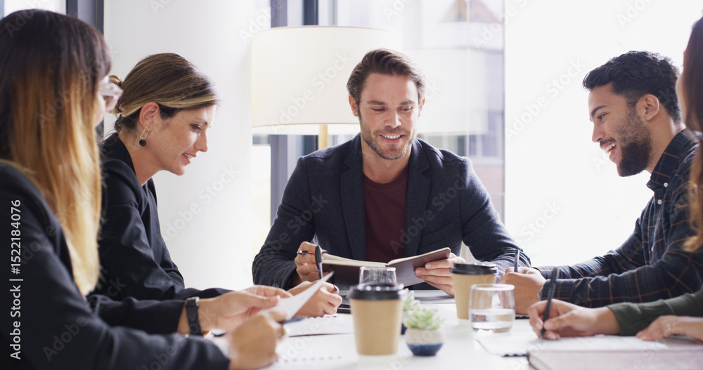 Poster man, group and notebook with meeting at startup with agenda, happy and strategy at company. people, 