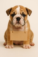 Adorable puppy with blank sign.