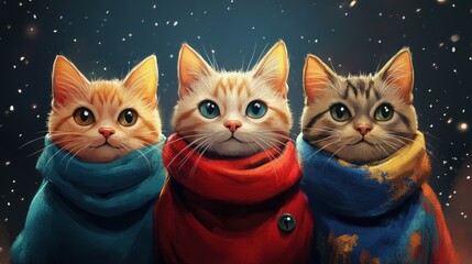 A trio of brightly colored cats wearing whimsical clothes, sitting shoulder to shoulder, their eyes focused directly on the camera.