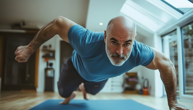 Mature man performing a push-up exercise at home.