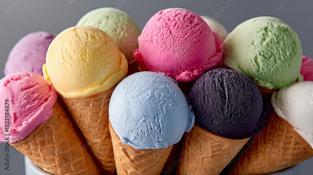 Poster row of ice cream cones with different flavors. the cones are in a bowl and are arranged in a row