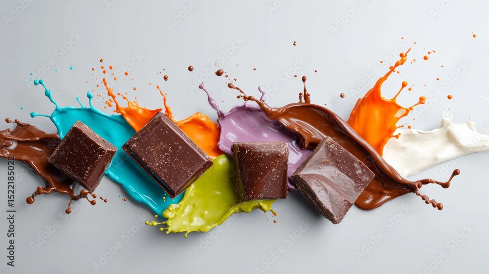 Poster colorful chocolate bar is surrounded by a splash of paint. the chocolate bars are of different color
