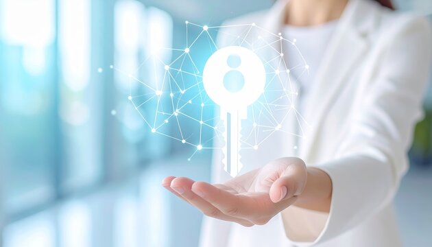 Business person offering digital key. Network structure and key icon